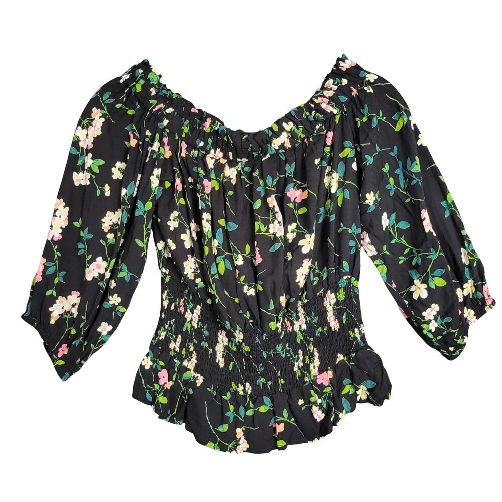 SAVANNA JANE Black Floral Off Shoulder Cottagecore Whimsigoth Top SIZE SMALL